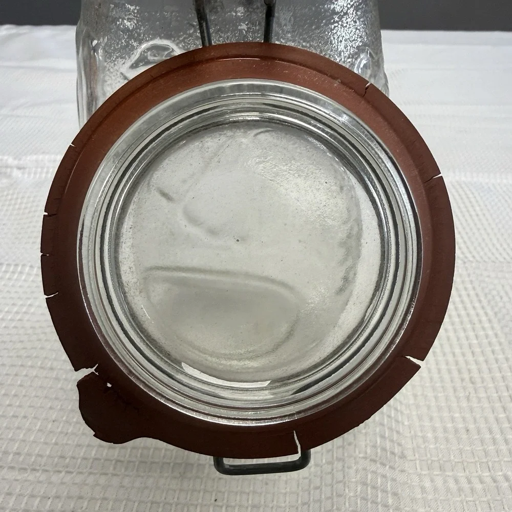Vtg Raised Tall‎ Glass Sugar Canister Jar Metal Clamp Lid Fruit Decor 1.5L
